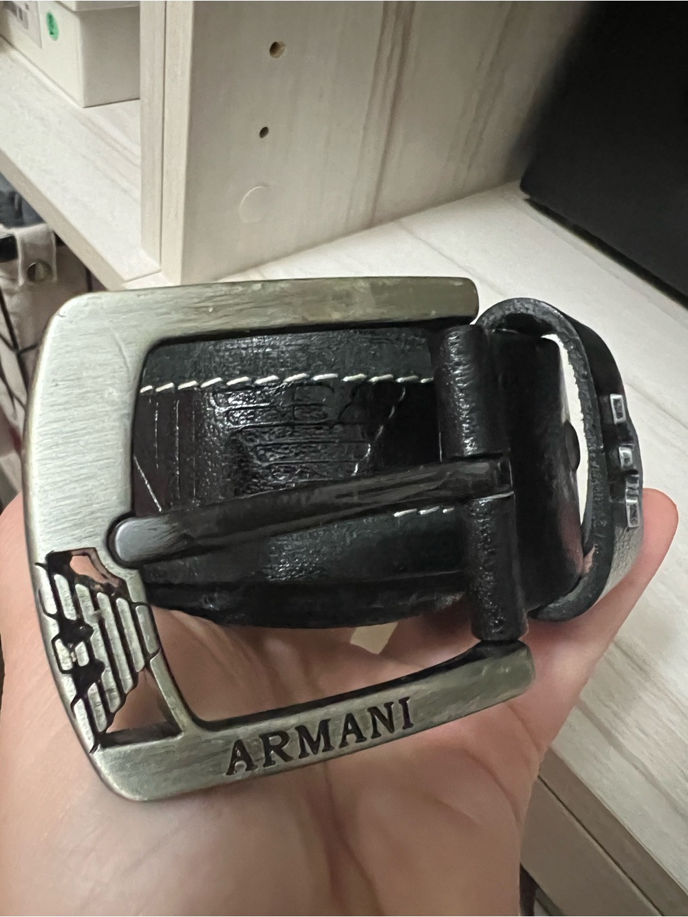 Armani Jeans Black Leather Belt with Branded Metal Buckle - Picture 3 of 10